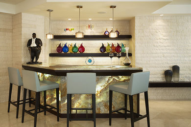 Living room - large contemporary open concept marble floor living room idea in Miami with a bar, white walls and no tv