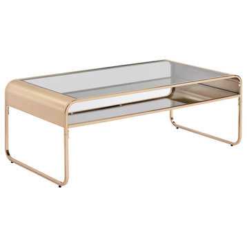 Contemporary Coffee Table, Glass Top With Curved Edges and Mirrored Shelf, Gold