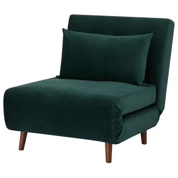 Futon Chair, Pine Frame and Cushioned Seat With Matching Pillow, Green Velvet
