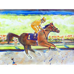 Betsy Drake - Racing Horse Gold Door Mat 18x26 - These decorative floor mats are made with a synthetic, low pile washable material that will stand up to years of wear. They have a non-slip rubber backing and feature art made by artists Dick Hamilton and Betsy Drake of Betsy Drake Interiors. All of our items are made in the USA. Our small door mats measure 18x26 and our larger mats measure 30x50. Enjoy a colorful design that will last for years to come.