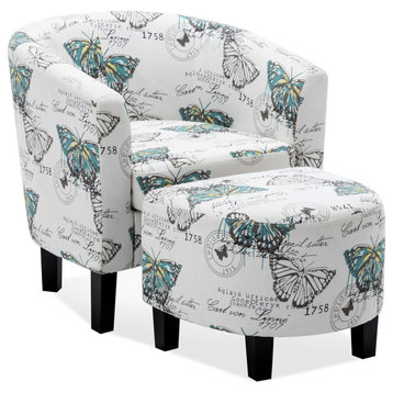 Accent Chair w/ Ottoman Round Arms Curved Back French Print Script, White