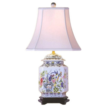 Chinese Porcelain Famille Bird Motif Hexagonal Ginger Jar Table Lamp 25"