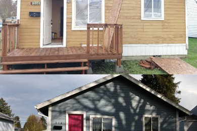 Mid-sized craftsman blue one-story wood exterior home idea in Portland with a shingle roof