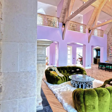 Statement Great Room with Sculptural Beams, Custom Furnishings, and Artful Finis