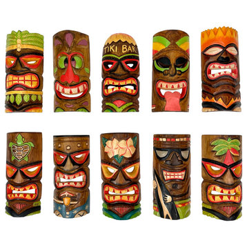 Hand Carved Wood Art Polynesian Party Hawaiian Tiki Masks 10 Piece Set 10 Inch