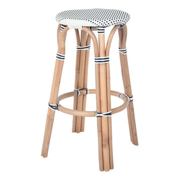 Bistro Backless Rattan Stool, White and Blue, Bar Stool