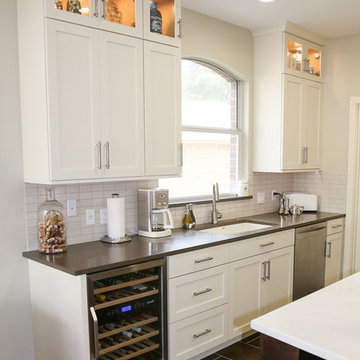Transitional White Kitchen with Espresso Island