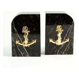 Bookends with Antique Gold Plated Anchor Emblem - Bookends