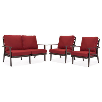 LeisureMod Walbrooke 3-Piece Patio Set, Brown Aluminum Frame and Cushions, Red