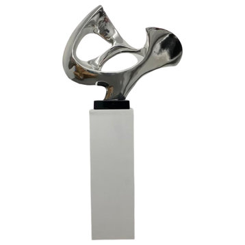 Abstract Mask Handmade Resin Sculpture with Base, Chrome/White