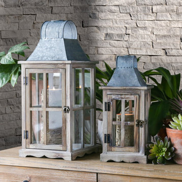 Wood Square Lanterns With Metal Top and Hangers, 2-Piece Set