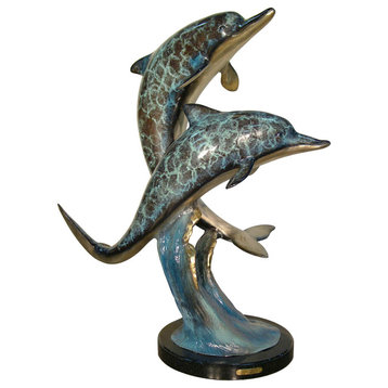 Swimming Dolphins Bronze Fountain Sculpture With Marble Base, Special Patina Fin