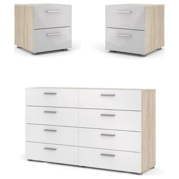 3PC Set Engineered Wood 2 Nightstands and 1 Double Dresser in Oak and White