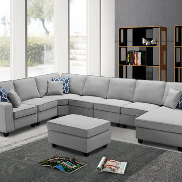 Irma 150" Linen 8Pc Modular L-Shape Sectional Sofa Chaise and Ottoman