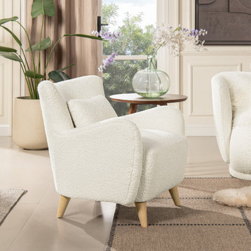 Lune Curved Arm Accent Chair with Lumbar Pillow, Ivory White Boucle