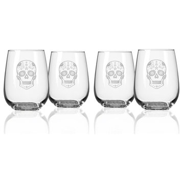 Sugar Skull Stemless Wine Glass, 17 ounce, Set of 4 Wine Glasses