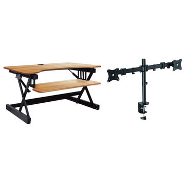 40" Large Adjustable Standing Desk Converter/Dual Monitor Mount Bundle Teak Wood
