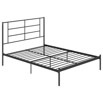 Modern Platform Bed, Metal Construction With Simple Silhouette, Black, Queen