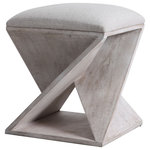 Uttermost - Benue Accent Stool - This coastal style accent stool features a unique asymmetrical base in white washed, weathered fir wood with a cushioned, neutral linen top doubling its use as a seat or a footrest.