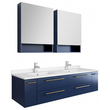 Fresca Stella 60" Wall Hung Double Undermount Sink Vanity Set in Royal Blue