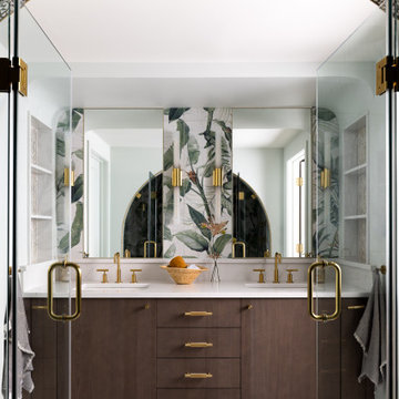 Walnut Double Vanity with Brass Fixtures and Botanical Tile