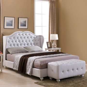 White Faux Leather Crystal Button Tufted Upholstered Platform Slat Bed (Wood Fra