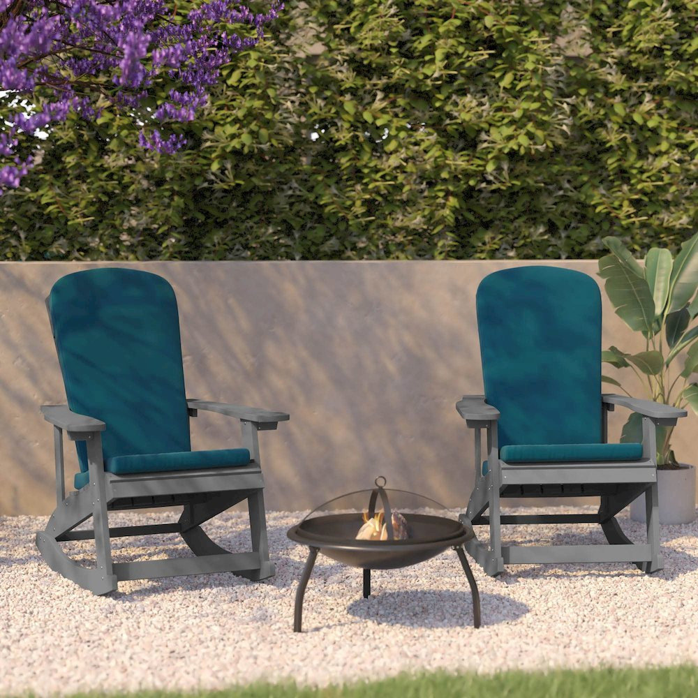Set of 2 Adirondack Rocking Chairs in Gray with Teal Cushions, Porch ...