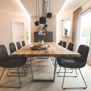 シュトゥットガルトの中サイズのコンテンポラリースタイルのLDKの画像 (淡色無垢フローリング、白い壁、ベージュの床)