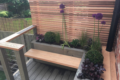 Inspiration for a small contemporary back garden seating in Manchester with decking and a wood fence.