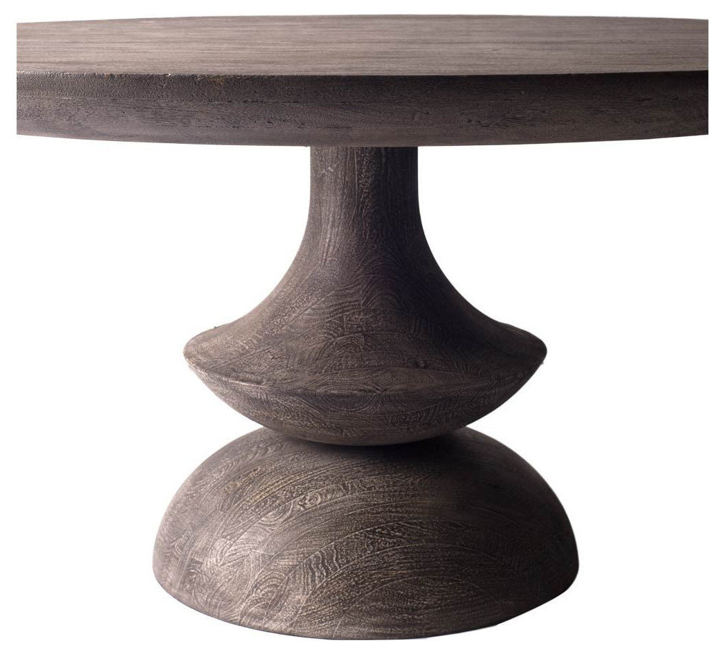 60" Gray Rounded Solid Wood Pedestal Base Dining Table - Farmhouse ...