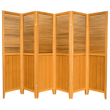Room Divider, Double Hinged Panels With Louvered Accents, Honey/6 Panels