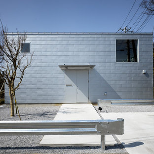 他の地域のコンテンポラリースタイルのおしゃれな家の外観 (グレーの外壁、陸屋根、メタルサイディング、戸建、金属屋根) の写真