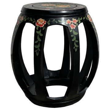 Chinese Black Color Flower Graphic Round Barrel Shape Wood Stool Hws3131