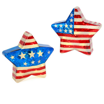 Set of 2 Battery-Operated Mercury Glass Americana Stars With Timer Feature