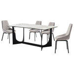 Armen Living - Esme Susie 5 Piece Dining Set With Gray Fabric Chairs - Gather friends and family for meals or game nights with the Esme Susie 5 Piece Dining Set with Gray Fabric Chairs. This set includes 1 Esme dining table and 4 Susie swivel dining chairs. The streamlined silhouette and stunning details lend a refined and sophisticated appeal to our dining room chair. Its tall, sculpted back is uplifted with an elegant channeling detail to bring a dose of style and charm to any corner. The kitchen chair is perched upon slender black metal legs to serve as an effortless and stylish fit to your home. Its tall back seamlessly widens at the bottom to support and comfortably cradle your back. Both the back and seat are generously padded to offer long-lasting comfort. Our modern dining chair can easily float from your dining and living room to your home office to offer an easy and comfy space to land. The Susie includes a 180 - degree swivel function to allow for maximum mobility and lingering conversations. Clean lines and clever details lend a sophisticated and eye-catching presence to our dining table. It features a rectangular tabletop showcasing the rich textures of Golden Jade stone. Its trestle, black metal base showcases eye-catching curves to add soft elegance to your home. Our dining table can comfortably seat up to six individuals to complement both your formal and casual meals. With a versatile styling potential, the table can serve as the perfect spot to entertain and spend leisurely time in your formal or casual dining room or kitchen. It is crafted with durable and easy-to-care material. The Esme Susie dining set is available in 5 or 7 piece set configurations and features a black metal finish with golden jade stone tabletop and gray upholstered swivel dining chairs.