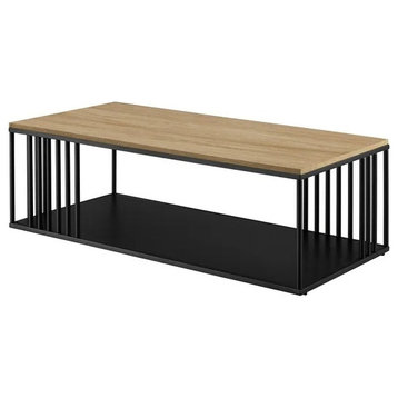 Minimalist Coffee Table, Lower Shelf, Slatted Side Accents With Coastal Oak Top