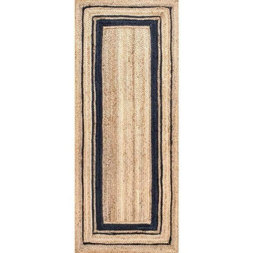 Farmhouse Area Rug, Natural Jute With Boundary Pattern, Navy Blue, 2'6" X 16'