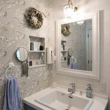 75 Beautiful Wallpaper Ceiling Powder Room With Blue Cabinets Pictures Ideas December 21 Houzz