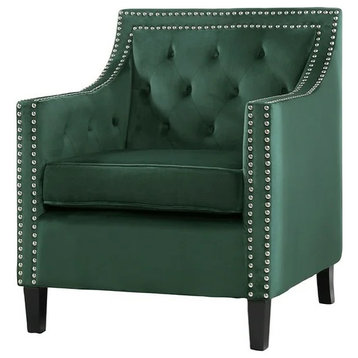 Contemporary Accent Chair, Velvet Seat With Tufted Back and Nailhead, Forest Green