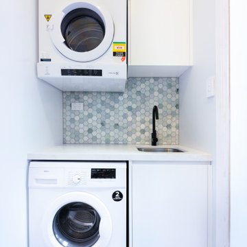 White Kitchen with Blue Mosaic Splashback