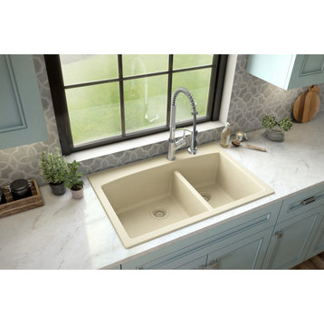 Karran Drop-In Quartz 33" 1-Hole 60/40 Double Bowl Kitchen Sink, Bisque