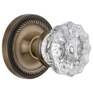 Rope Rosette Privacy Crystal Glass Door Knob, Antique Brass