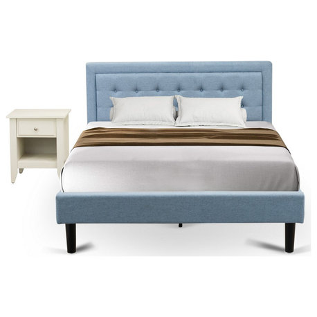 2Pc Fannin Bed Set, 1 Queen Size Frame, End Table For Bedroom, Denim Blue