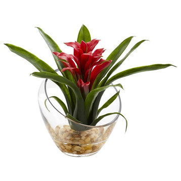 8" Tropical Bromeliad, Angled Vase Artificial Arrangement, Red