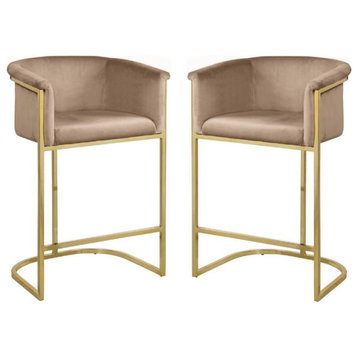 Home Square 2 Piece Velvet Counter Stool Set with Gold Metal Base in Beige