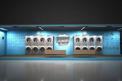 Imagen de lavadero minimalista de tamaño medio con paredes azules y suelo marrón