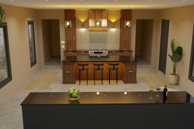Mid-sized trendy concrete floor and gray floor kitchen pantry photo in Other with a farmhouse sink, dark wood cabinets, quartzite countertops, orange backsplash, mosaic tile backsplash, stainless steel appliances, two islands and black countertops