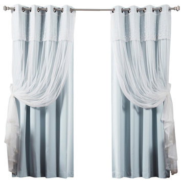 Tulle Sheer with Attached Valance & Solid Blackout Mix & Match, Sky Blue, 52"x96