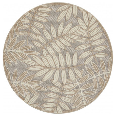 5' Round Gray And Ivory Round Floral Indoor Outdoor Area Rug