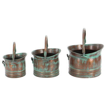 Green Tinged Metal Bucket Planter With Handles, 3-Piece Set